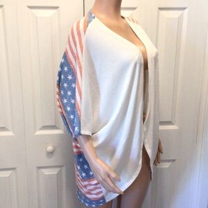 NWOT Entro Womens Half Sleeve Patriotic Flag Print Open Front Cardigan Large